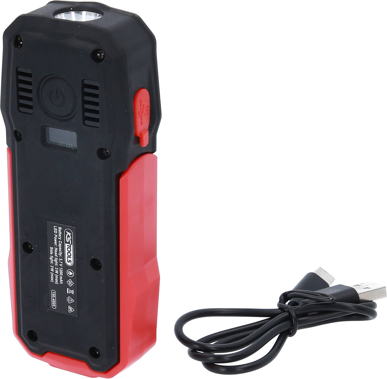 Portable black and red torch with USB cable, suitable for mobile use.