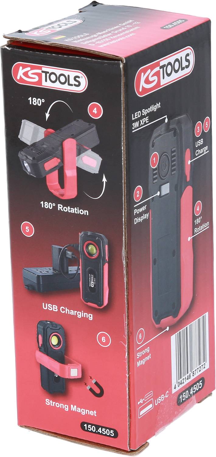 Packaging for a Portable Work Light. Features: 180° Rotation, USB Charging, Strong Magnet. Shows product from various angles.