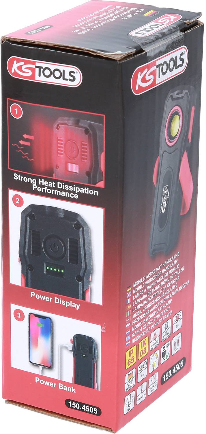 Packaging of a KS Tools LED Work Light with features: strong heat dissipation, performance indicator, and power bank functionality.