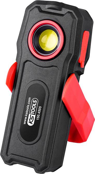 Portable LED lamp with red clip and black casing, suitable for hands-free lighting in workshops or during repairs.