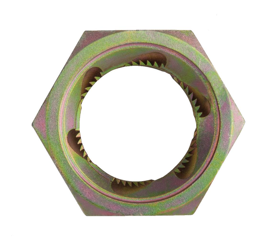 Metal hexagonal nut with a knurled internal thread for improved grip. Suitable for connection elements in mechanical engineering projects.