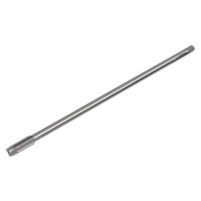 A long metal tap with a slender shank and a knurled end for creating threads in drilled holes.