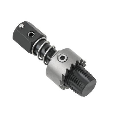 A black-handled adjustable metal ratchet adapter with spring mechanism, used for torque adjustment in hand tools.