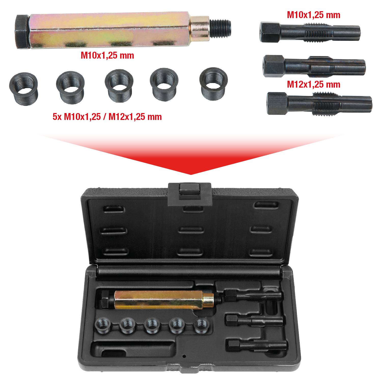 'Thread repair tool set: Includes inserts M10x1.25mm, M12x1mm and tools. Presented in an open black case.'