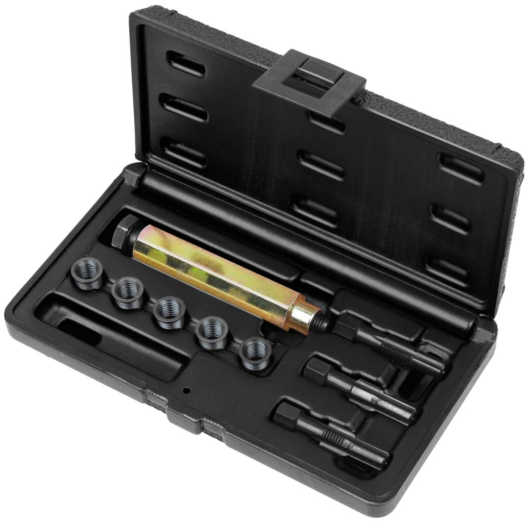 Metal tool set in an open black case. Contains various screws and bolts in organised compartments.