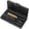Metal tool set in an open black case. Contains various screws and bolts in organised compartments.