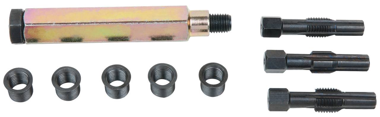 A set of metal tool components, consisting of an elongated cylinder, three bolts and four nuts.