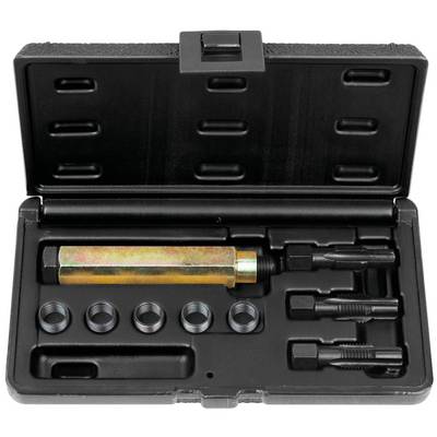A set of thread repair tools in a black box, comprising inserts, spiral drill bits, tap drills, and a screw installation tool. Ideal for damaged threads.