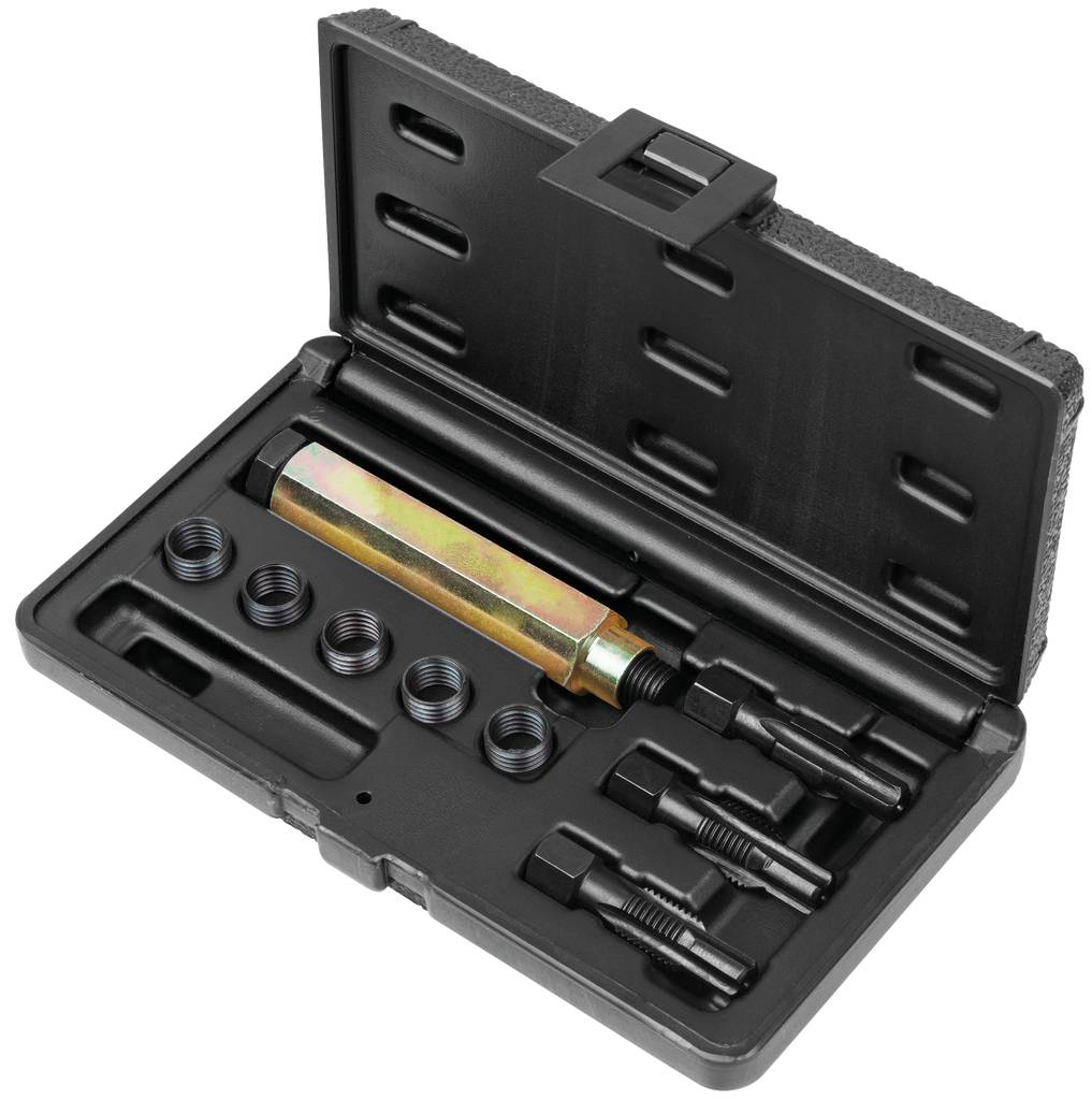 A black open plastic case contains a set of thread repair tools with inserts, thread taps, and holders.