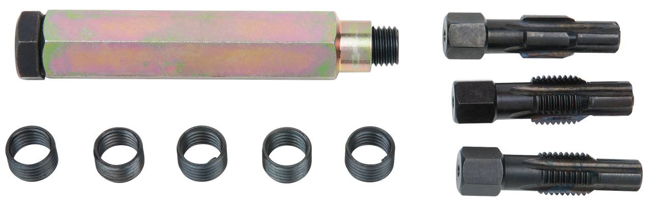 A thread repair kit consisting of an insertion tool, multiple thread inserts, and thread taps in various sizes.