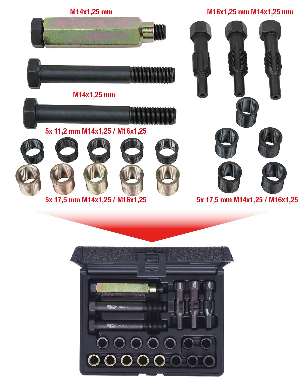 Figure of a thread repair tool set. Contains various bolts, sleeves and bush connectors, marked with precise dimensions.