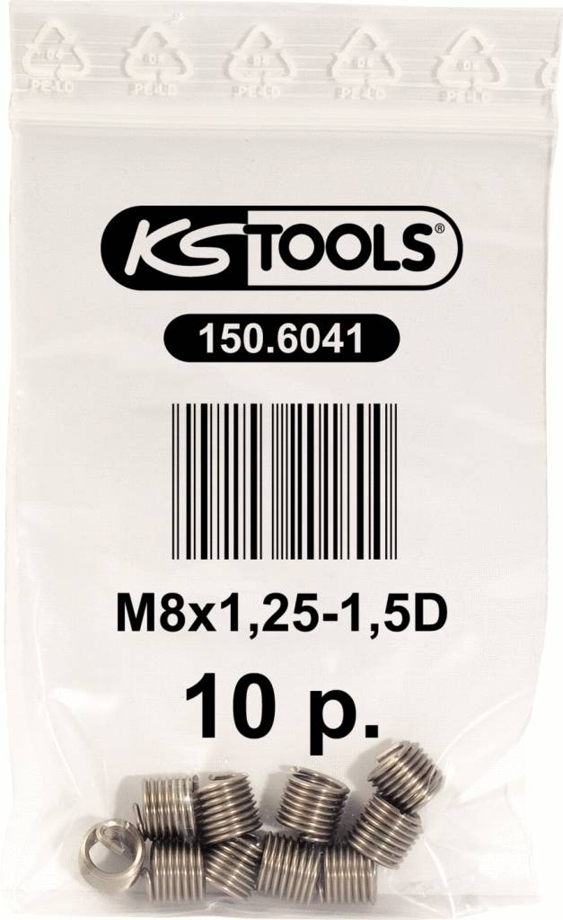 'Bag containing 10 thread inserts by KS Tools, Model number 150.6041, Size M8x1.25-1.5D'