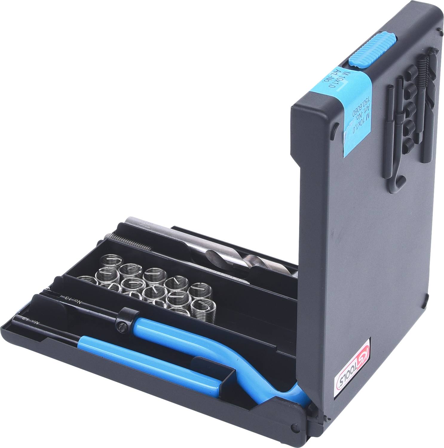 Black plastic case with an open lid, containing blue pliers, wire pieces, and small metal spools.