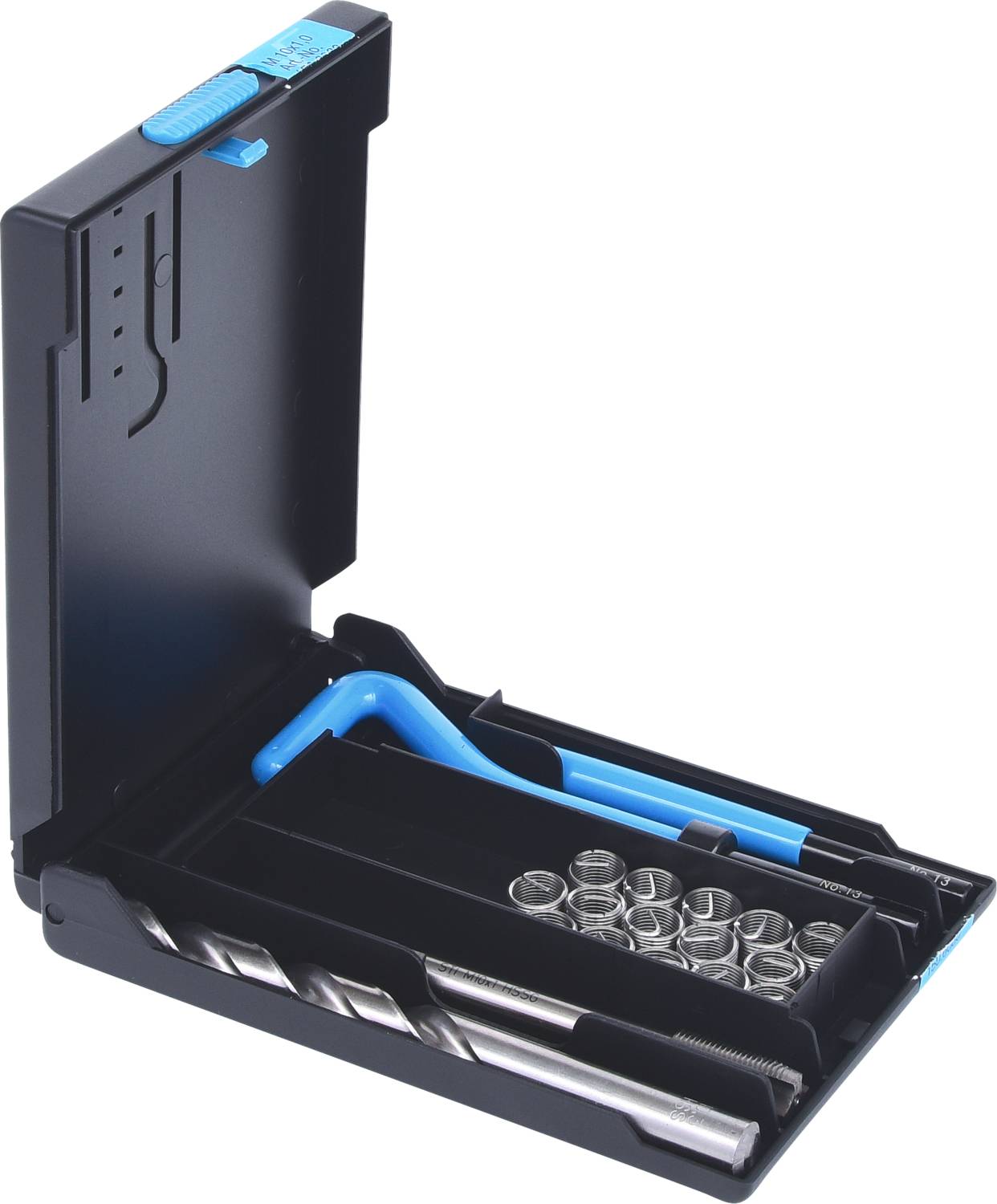 An opened set with various drill bits and a blue tool handle. The casing is black and compact.
