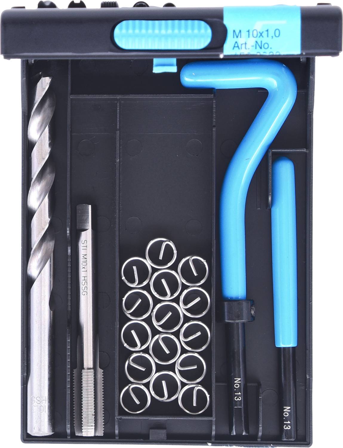 A repair kit with a tap, drill bit, inserts and hexagonal Allen keys in a black box.