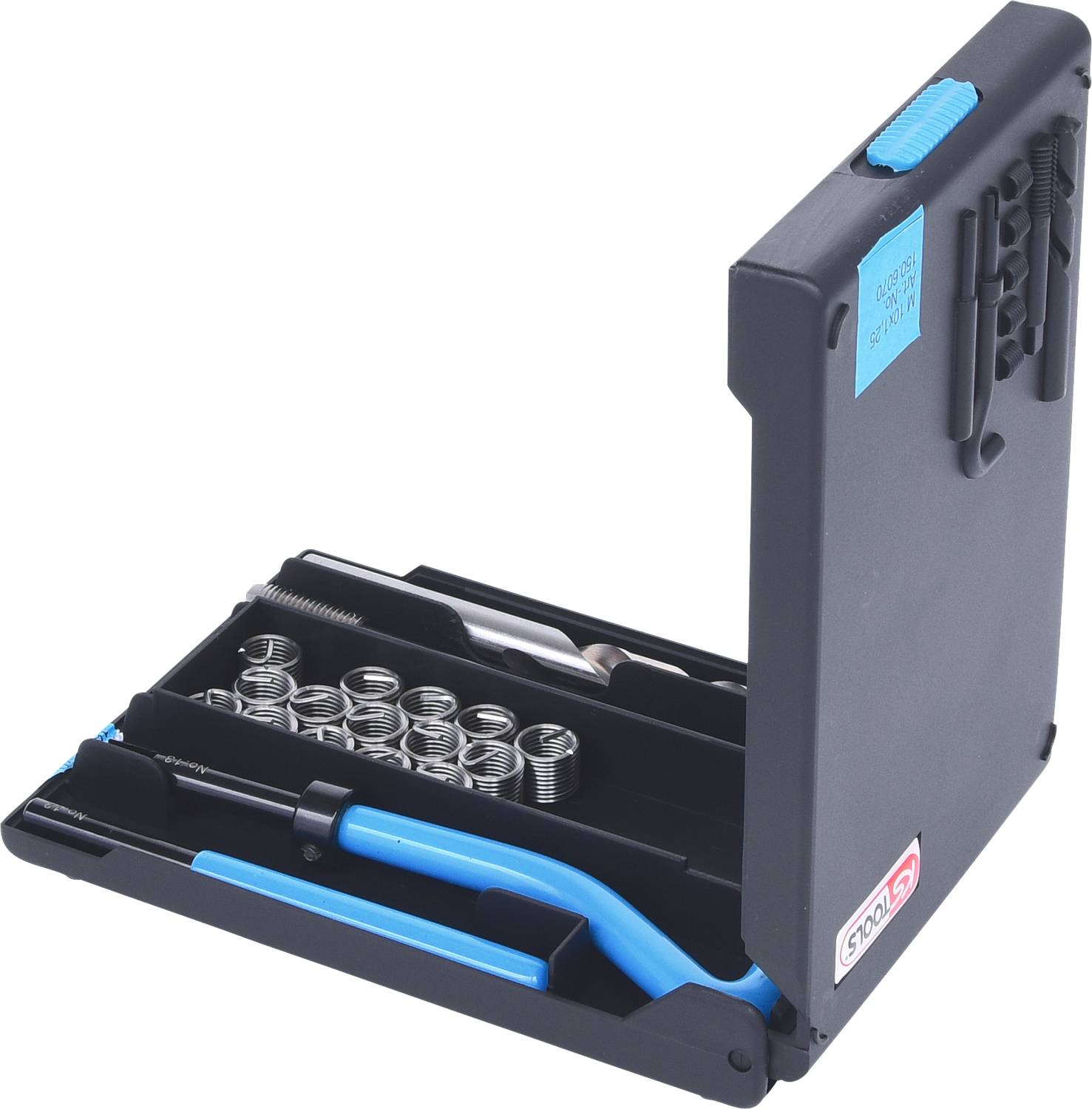 A metal repair kit with spiral inserts, tools, and handle, for repairing or reinforcing damaged threads.