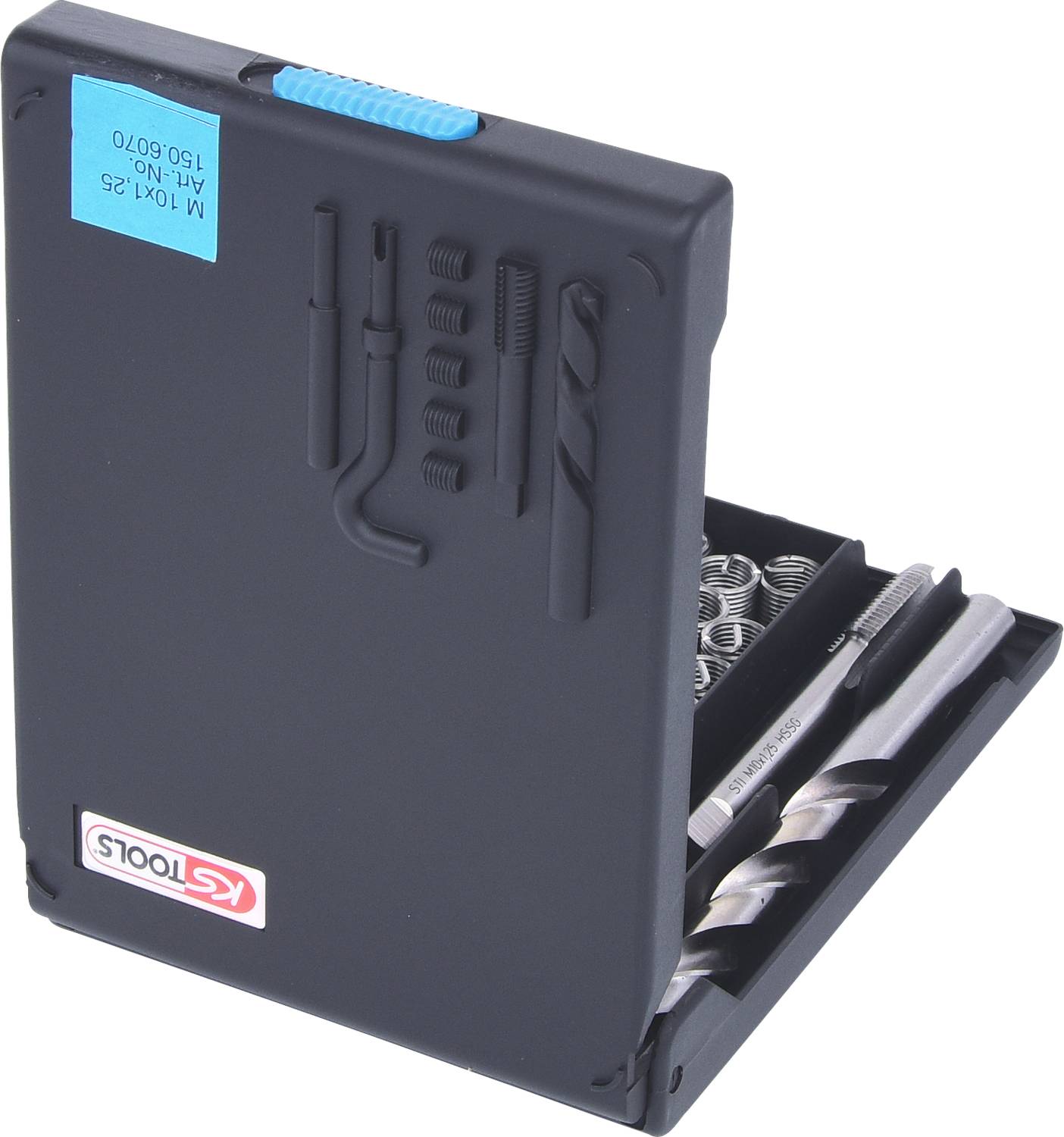 Case containing various tools, including drill bits and thread inserts.