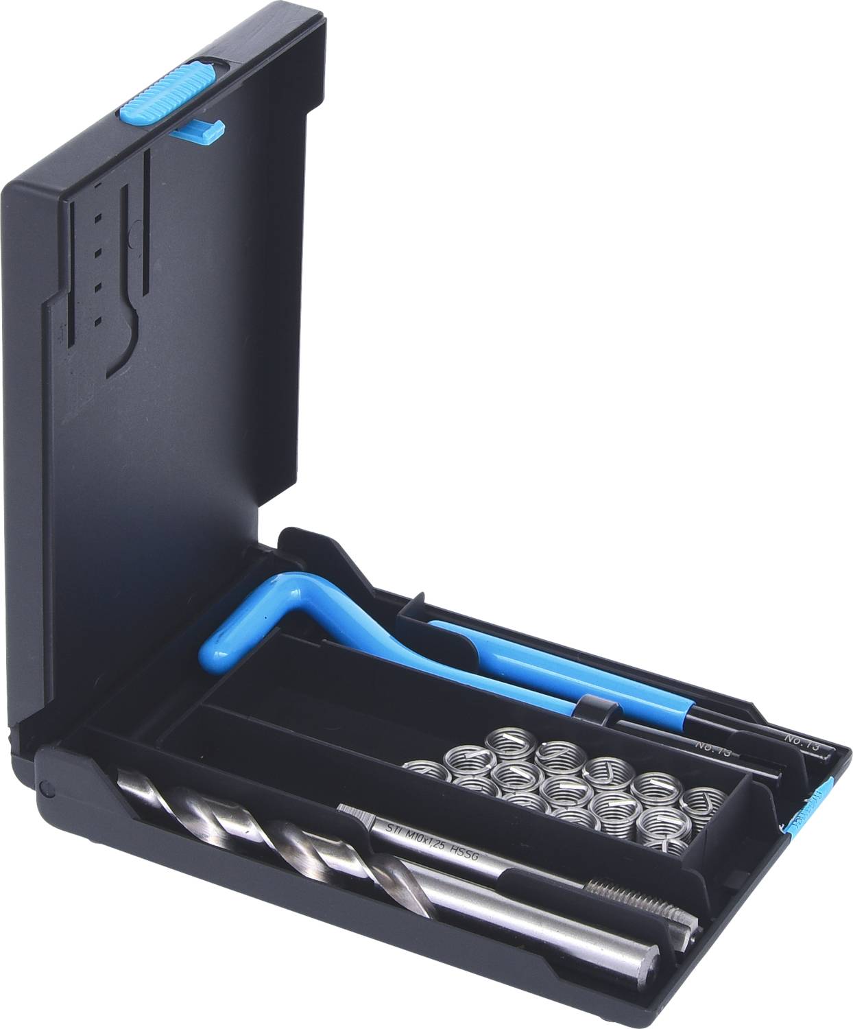An open toolbox with drill bits, thread inserts, a tap, and a blue tool, ready for repairs.