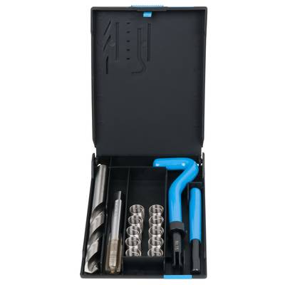 An open toolset with various drilling and threading tools, including a blue screwdriver hook and metal bushings.