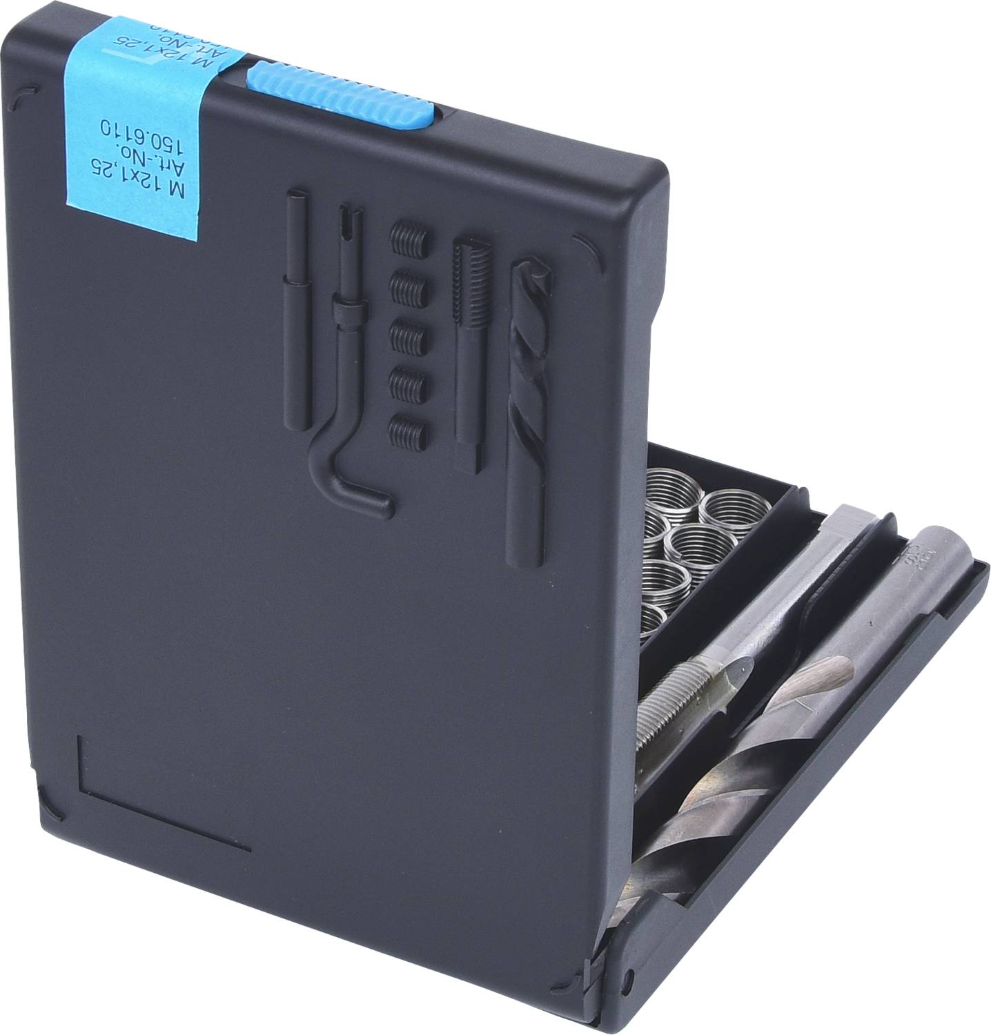 Drill set in a black case with various drill bit sizes and accessories, partially unfolded.