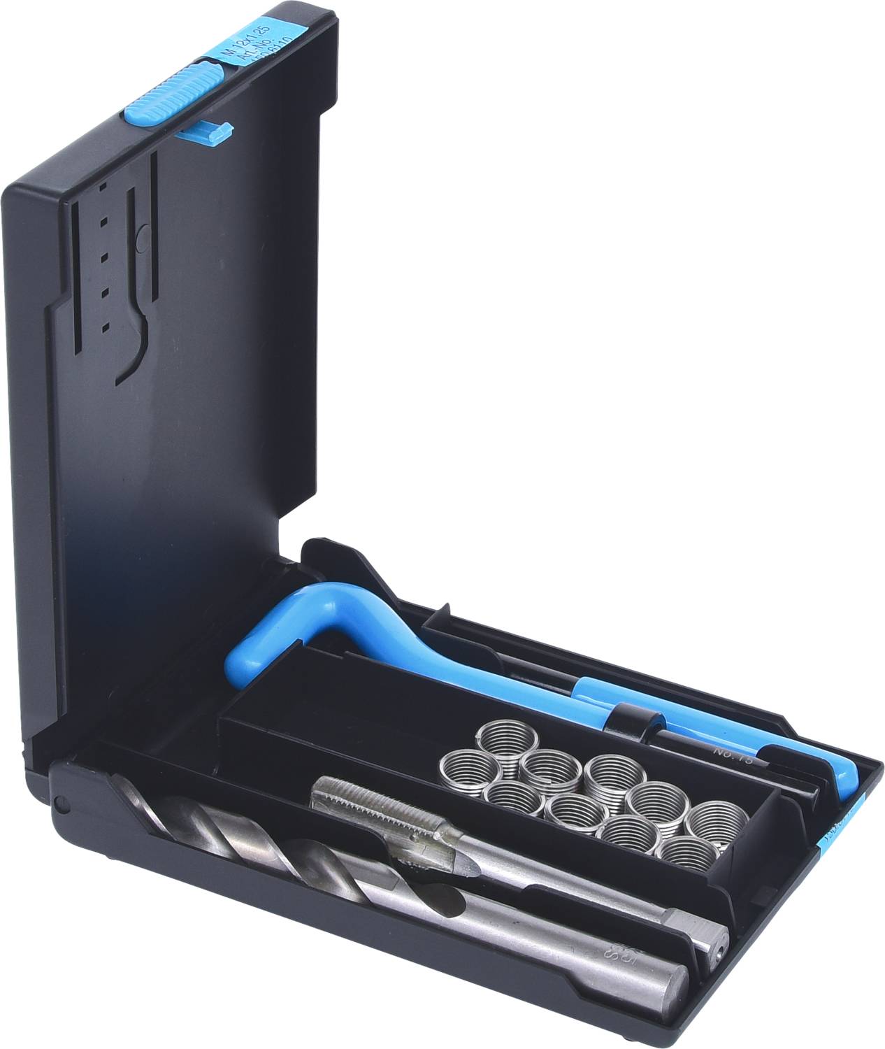 Set of screws in an open black box with a blue handle, metal inserts and drill bits.