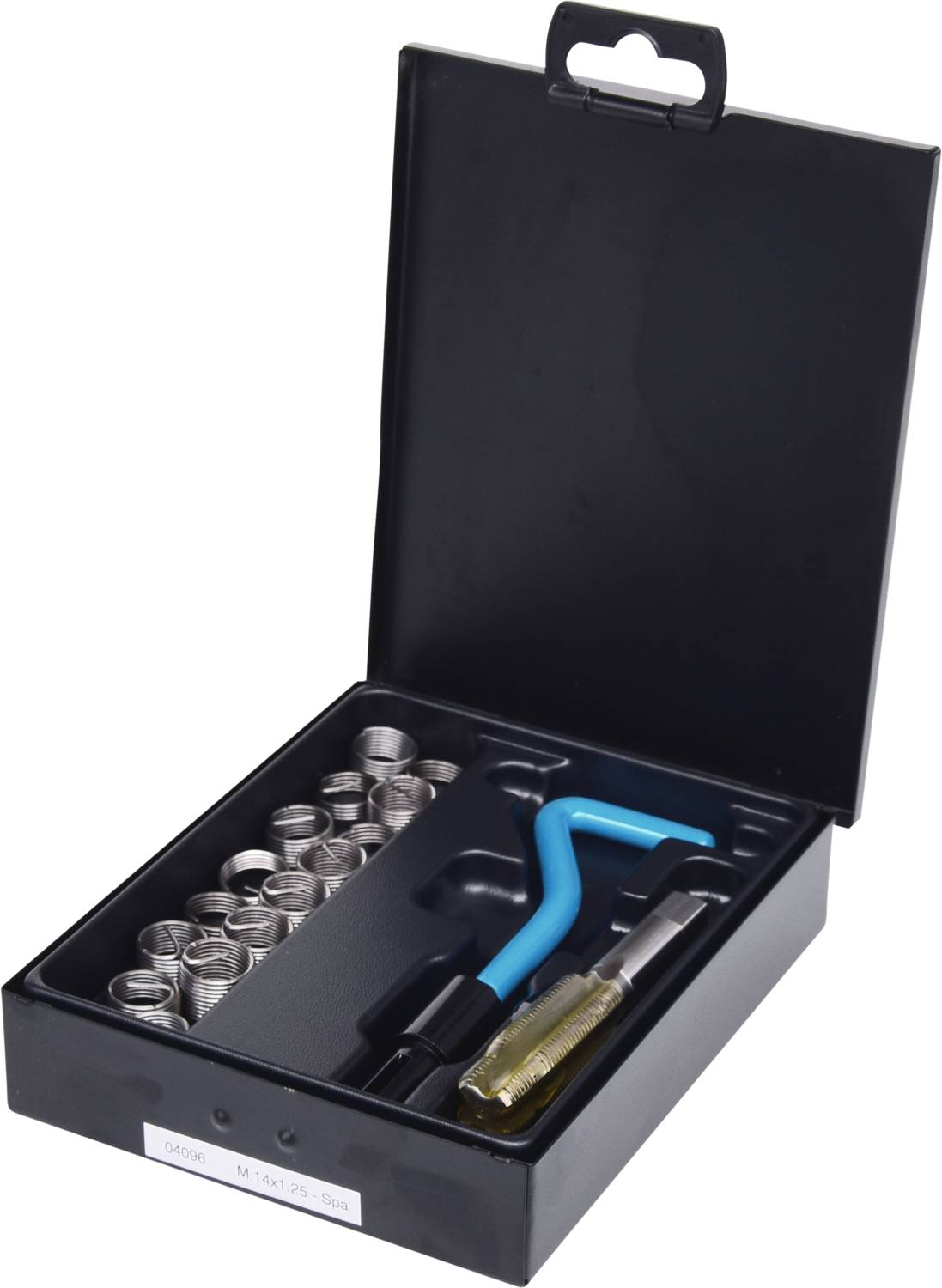 An open tool set with several metal spirals, a blue hook tool and a screwdriver, in a black box.
