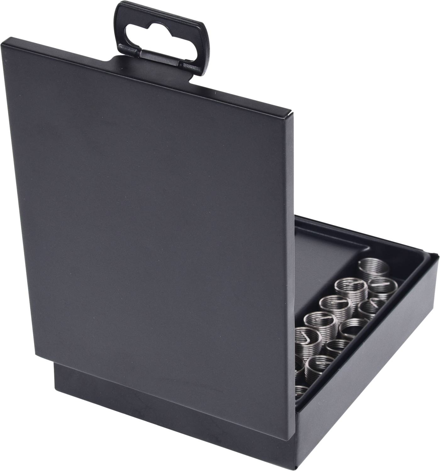 A black, open box with several small metal reels inside. The box has a carrying handle on top.