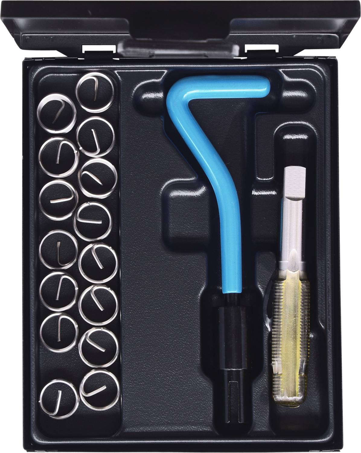 Toolkit with 15 small rings, blue hook and screwdriver, most likely intended for repairs or assemblies.<br><br>Corrected British English translation:<br>Tool kit with 15 small rings, blue hook and screwdriver, probably meant for repairs or installations.