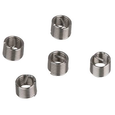 Five metallic threaded inserts differ in size and shape. They are arranged on a white background.