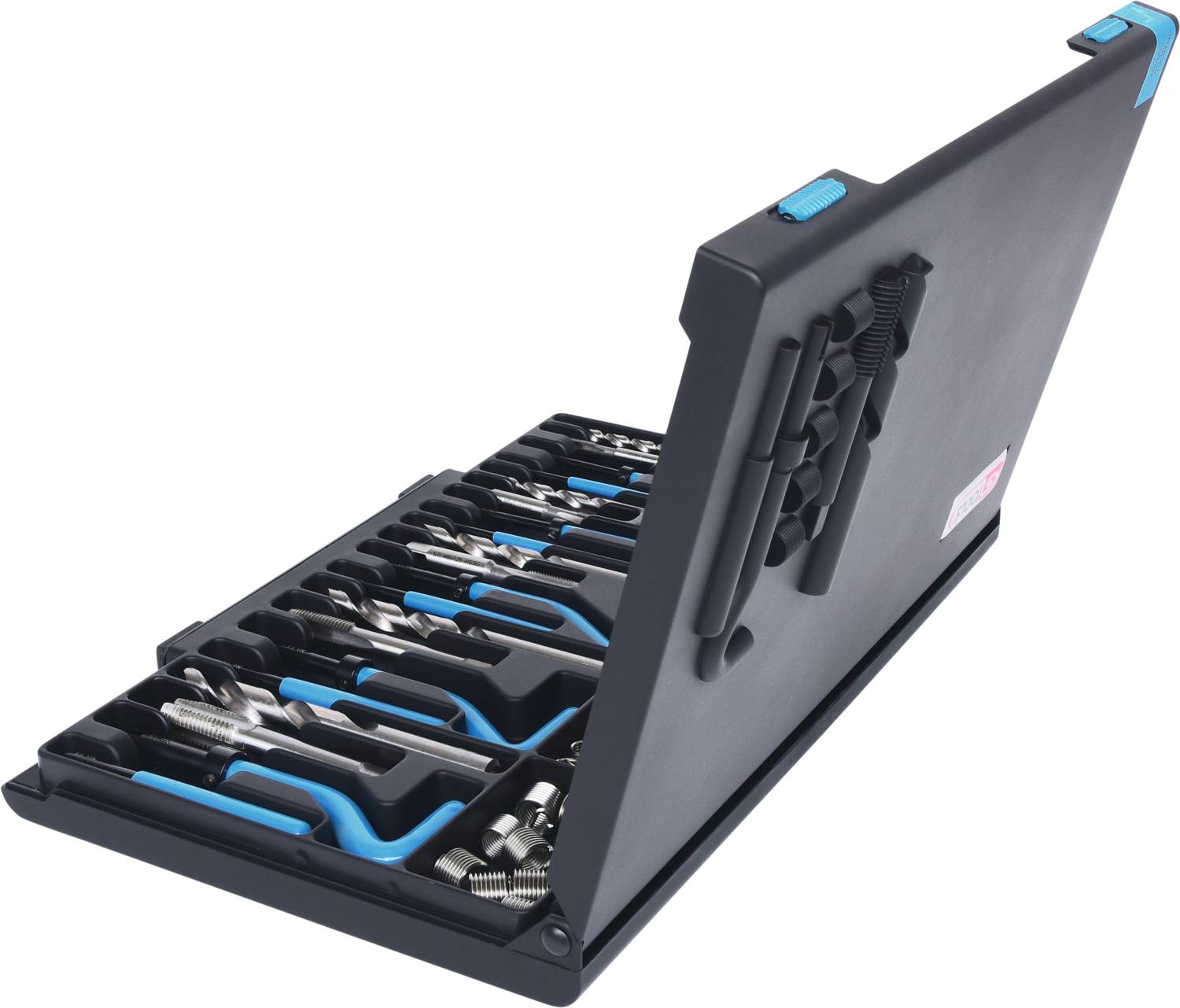 Tool set in a black box with various attachments.