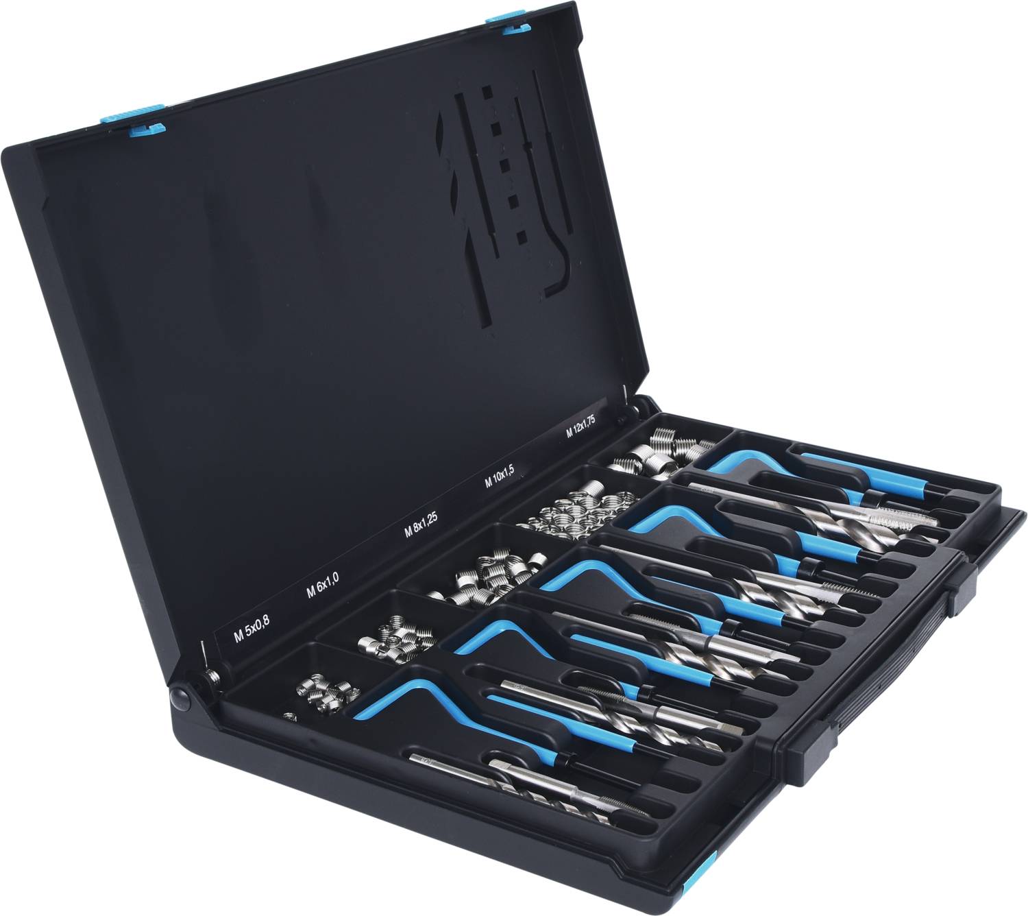 An open toolbox with various drill bits and metal parts, arranged in compartments. Suitable for DIY projects.