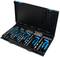 Drill bit set in an opened black box with various drill bit sizes and blue hexagonal keys, organised in compartments.
