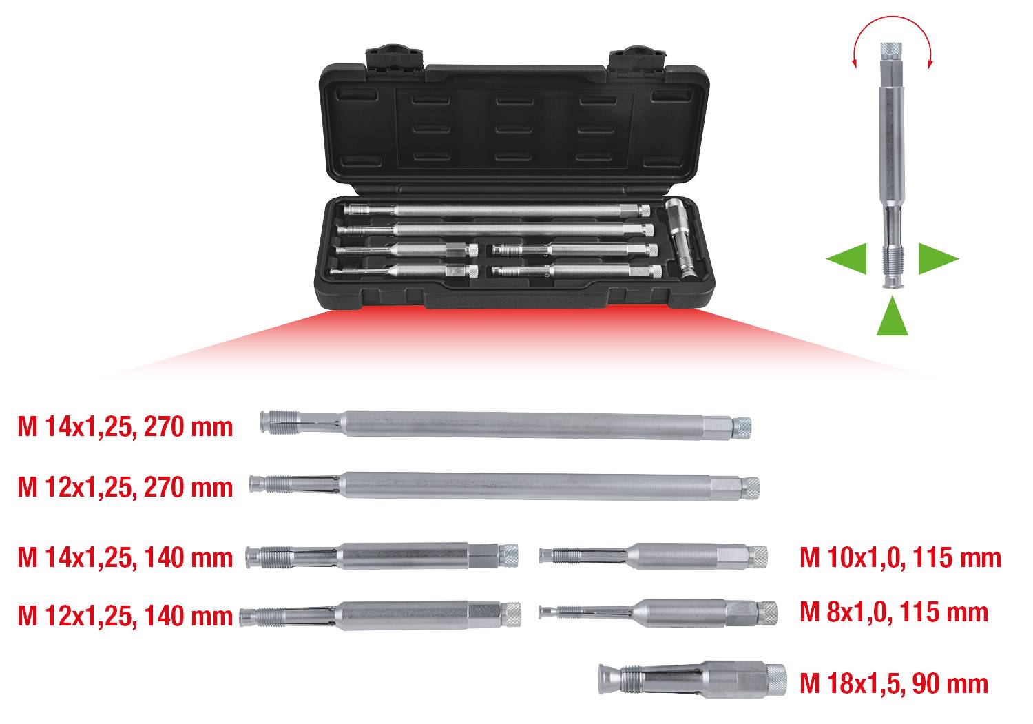 'Set of telescope turning tools in various sizes, presented in a black case. Product sizes: M14, M12, M10, M8, M18.'