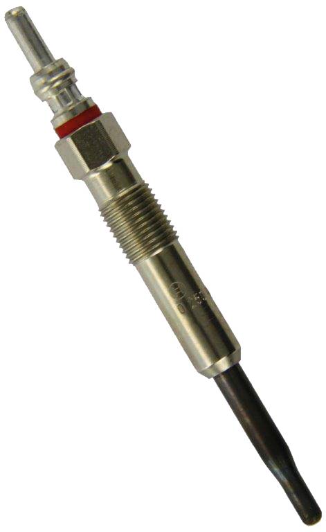 Single spark plug for a vehicle, silver colour with red detail near the upper end, smooth and ribbed area.