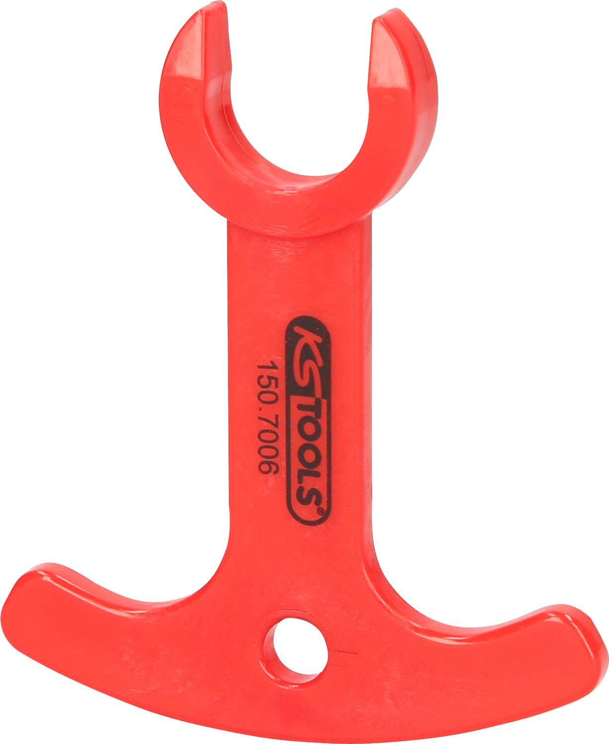 Red plastic tool with two different ends and a hole in the middle. It bears the inscription 'KS Tools 150.7006'.