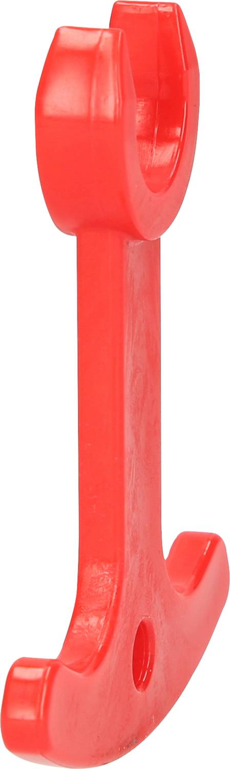 Red J-shaped plastic hook, used for securing objects.