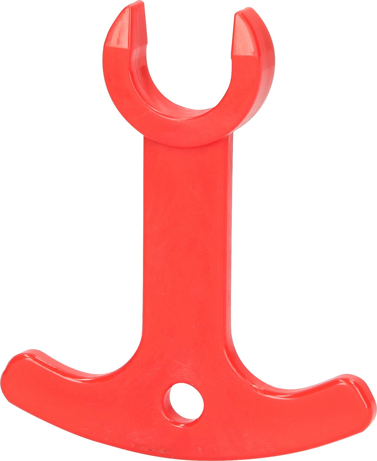 Red plastic hook in the shape of an anchor with an eyelet at the bottom.
