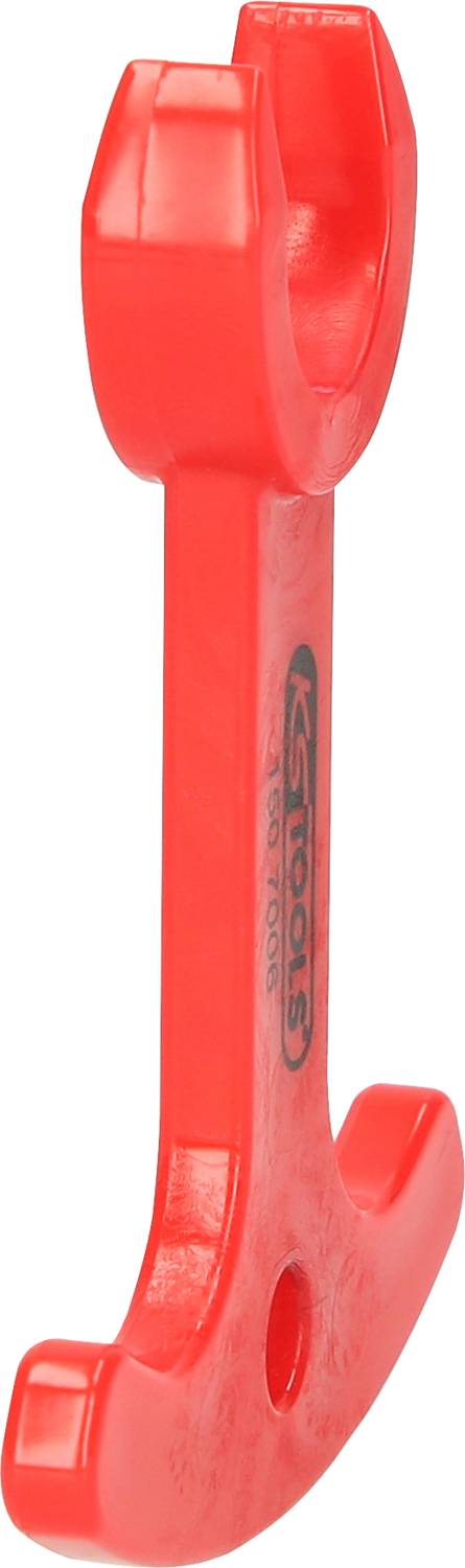 Red plastic tool with hooks at both ends and a central hole, likely for use in the automotive sector.