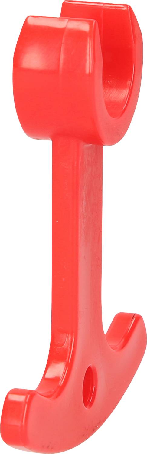 A red plastic hook, commonly used for lifting toilet seats for hygienic purposes.