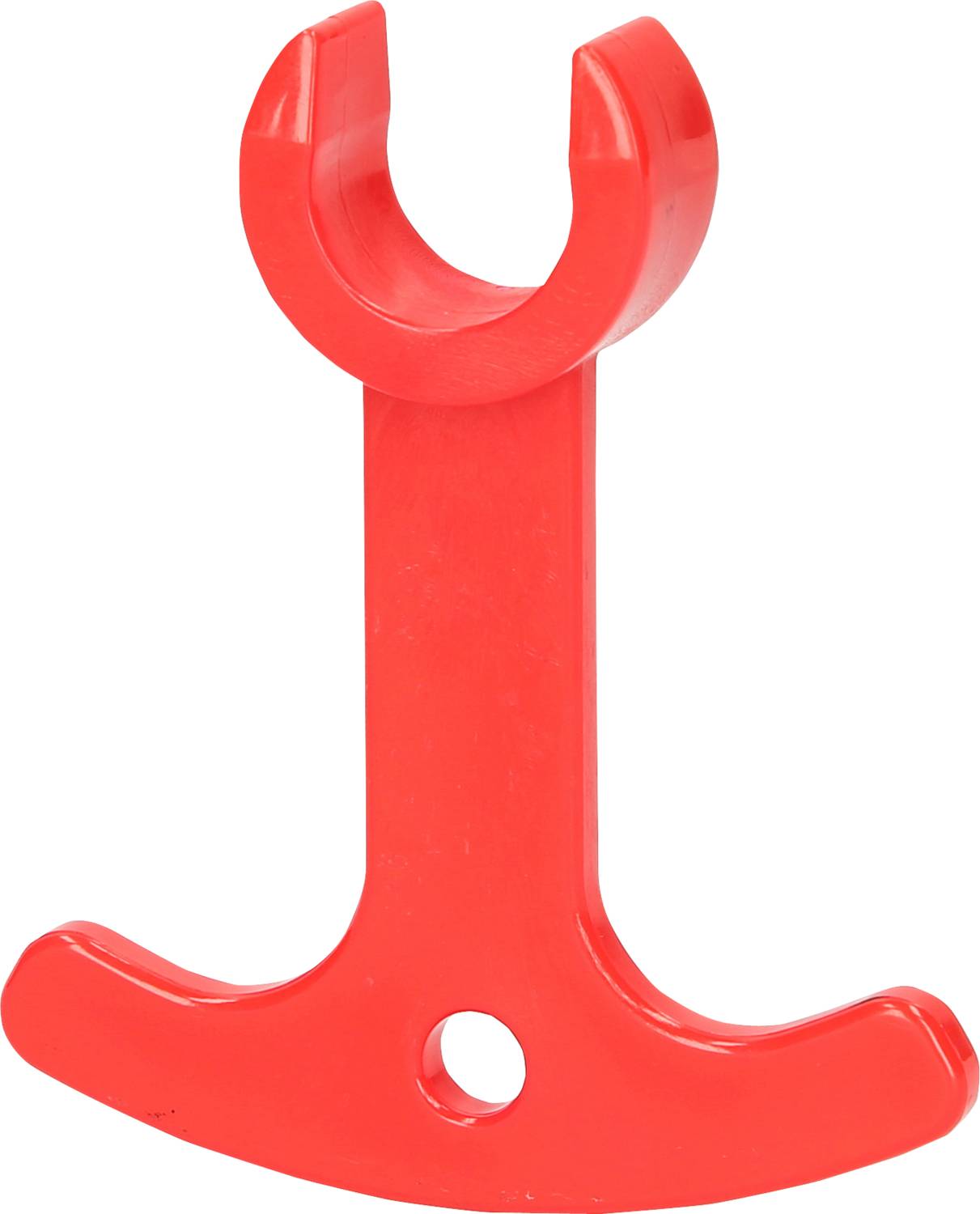 A red plastic toy anchor, commonly found in children's construction kit systems.