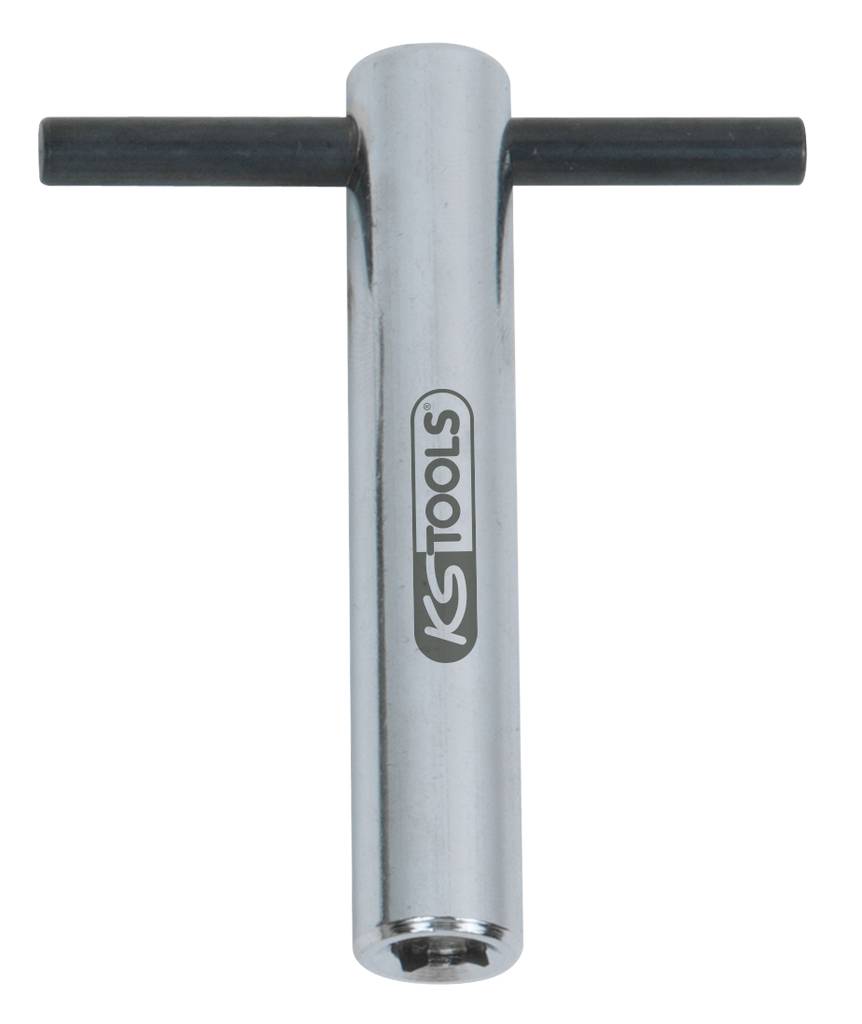 T-shaped socket wrench by KS Tools. Chrome-plated with a black cross handle. Suitable for hand-guided precision work.