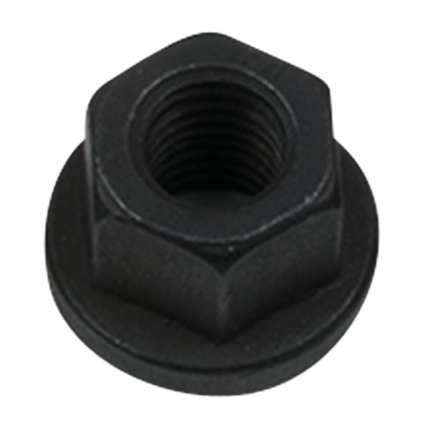 Black, hexagonal plastic nut with internal thread, viewed from above, on a white background.