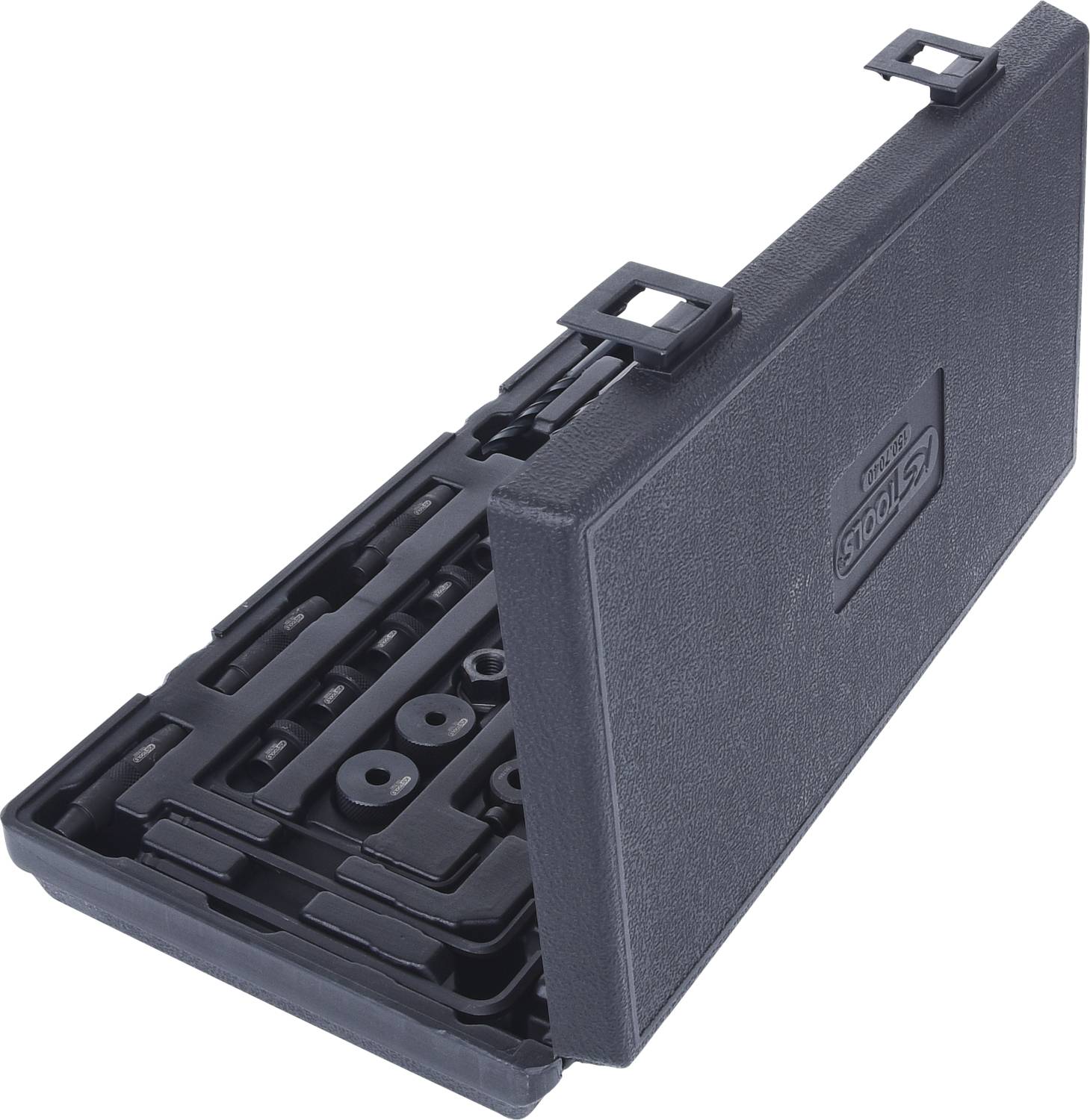 Plastic toolbox with various tools inside.