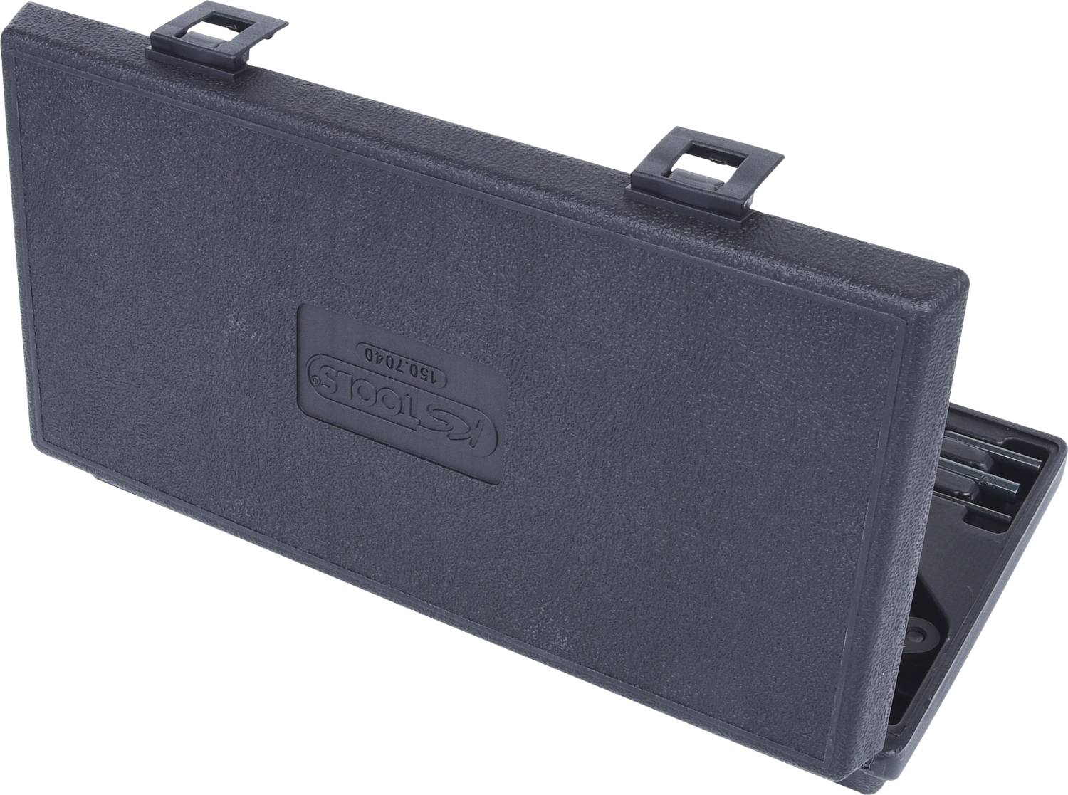 Black tool case with embossed logo, slightly open to display screwdrivers and tool holders inside.