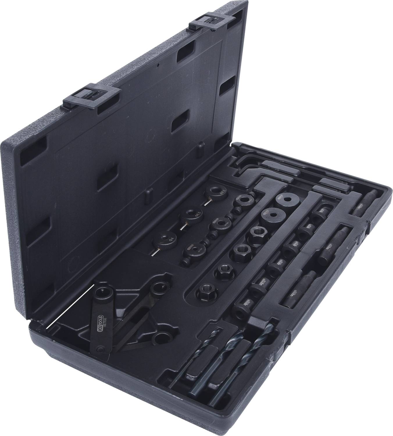 An open, black toolbox containing various spanners and accessories, suitable for repair work.