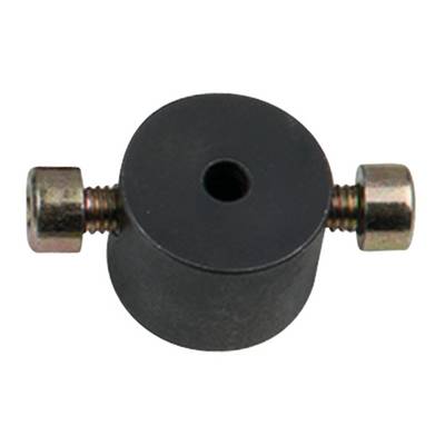A cylindrical metal part with a screw on each end, bored centrally through.