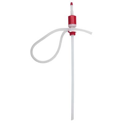 A manual siphon pump with a red and white plastic body and flexible hose for liquid transfer.