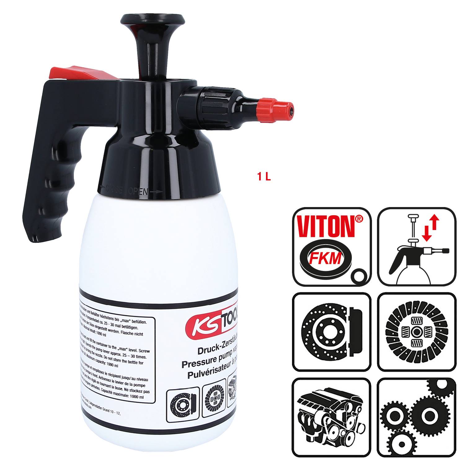 Manual pressure sprayer with 1L capacity. Suitable for use with cleaning agents and chemicals, especially in industrial settings. Pictograms indicate applications on automotive parts.