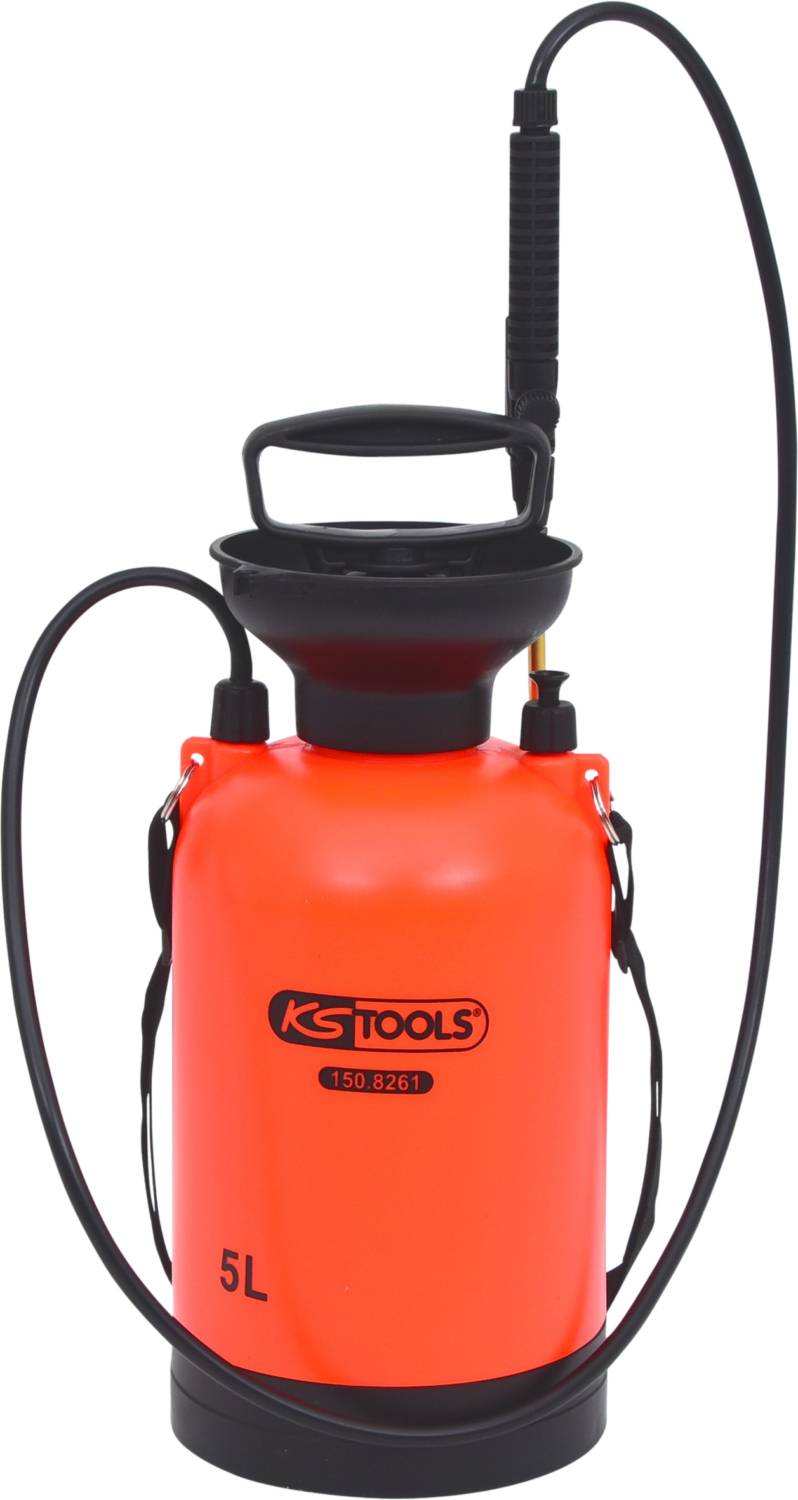 Orange pressure sprayer with 5-litre capacity, black handle and hose, suitable for gardening or cleaning.