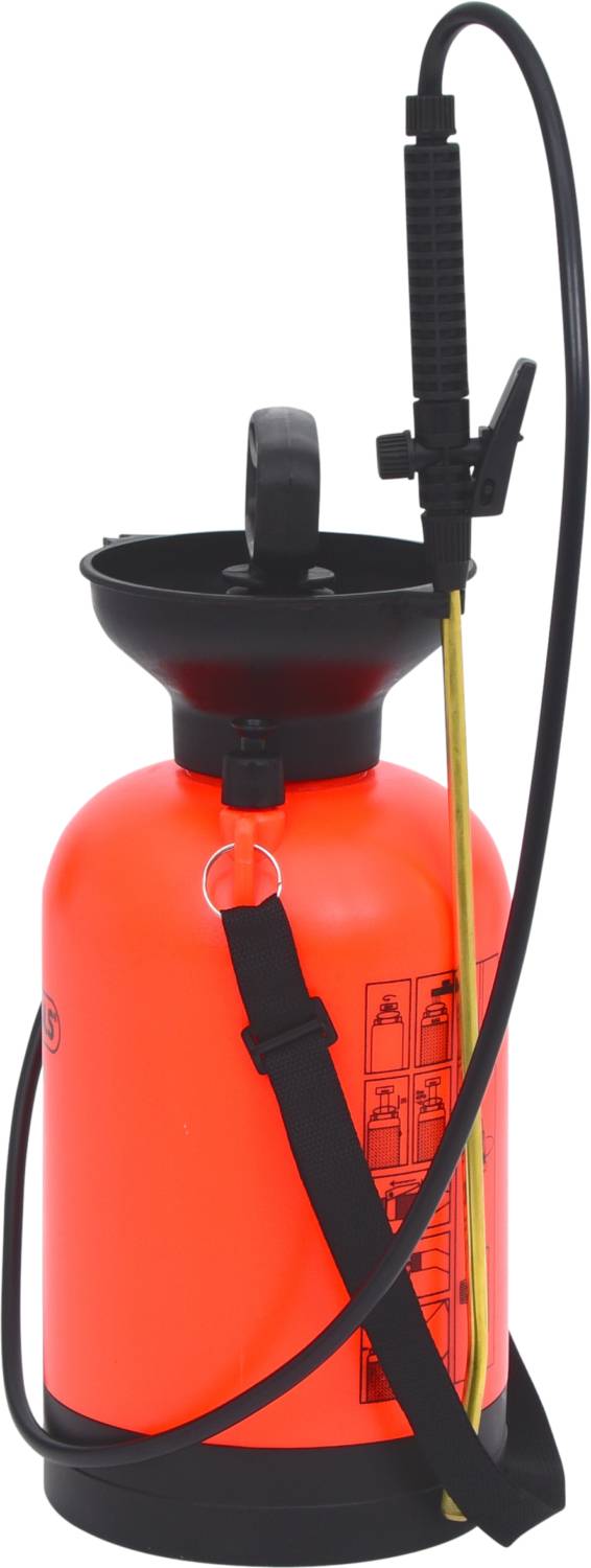 A red pressure sprayer with a black handle and nozzle attachment. It has a carrying strap and is suitable for gardening or cleaning tasks.
